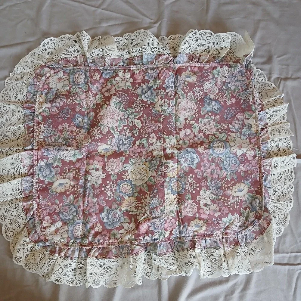 Vtg JC Penney Pillow Sham Pink Floral Eyelet Lace Trim Ruffle Mauve Alyssa NOS